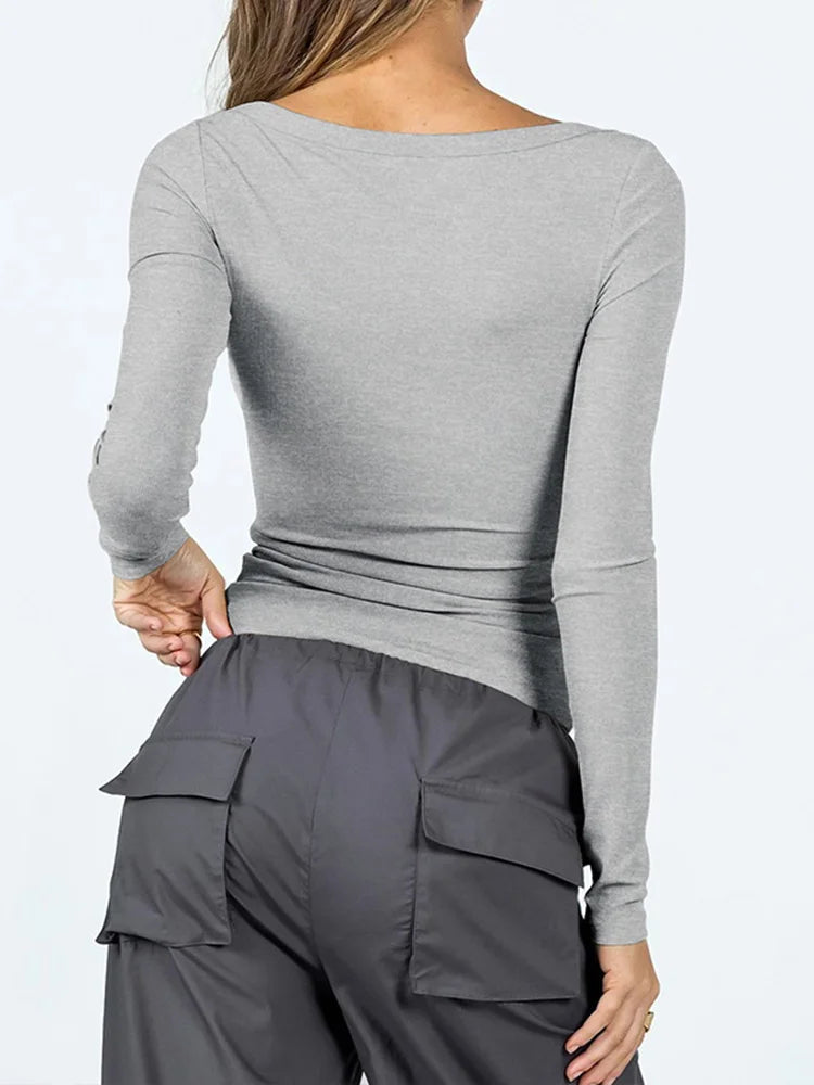 Dozw Women Square Neck Long Sleeve Top Solid Color Casual