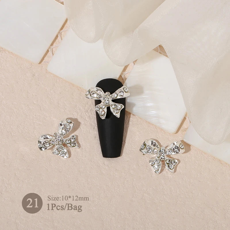 Elegant Gold Silver Metal Bowknot Nail Charm 3D Rhinestone Decor for DIY Manicure Art