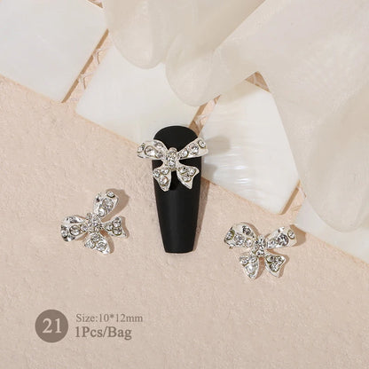 Elegant Gold Silver Metal Bowknot Nail Charm 3D Rhinestone Decor for DIY Manicure Art