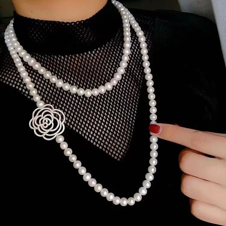 Luxury Camellia Pearl Necklace Long Versatile Sweater Chain for Women