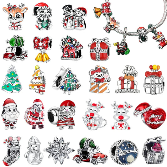 Original 925 Sterling Silver Christmas Charms Santa Claus Reindeer Earrings Beads for Necklace and Bracelet DIY Fine Jewelry Gifts