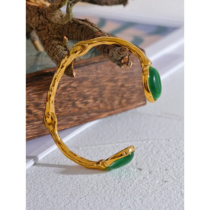 Yhpup Green Natural Stone Gold Cuff Bracelet Bangle