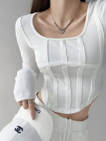 Y2K Womens Crop Tops Long Sleeve O Neck Cotton Tee Harajuku