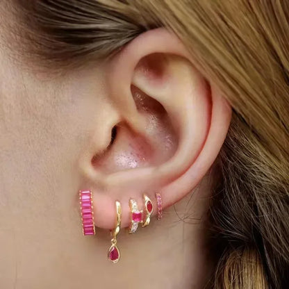 Rose Red Zircon Hoop Earrings for Women Minimalist Dangle Party Jewelry Trend 2025