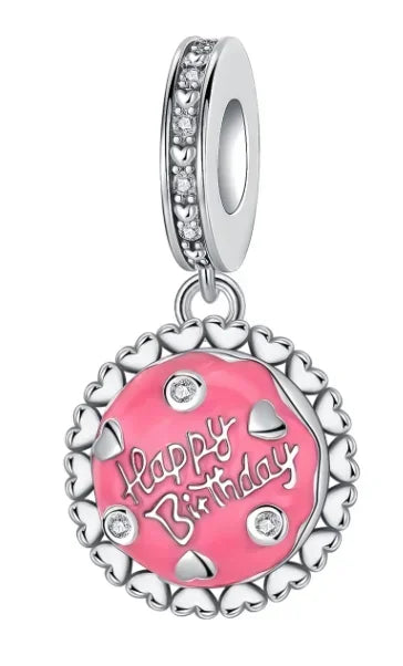 Sterling Silver Pink Blossom Dangle Charm with Butterfly Heart Flower Rose and Bird Bead for DIY Necklace and Bracelet Jewelry
