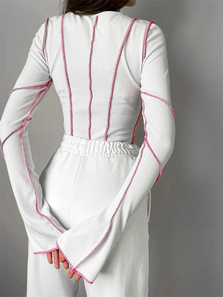 Dozw Patchwork Knit Tee For Women Chic Long Sleeve Ribbed