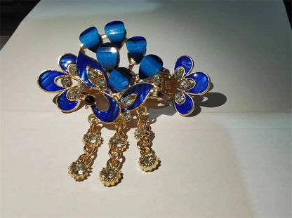Elegant Red Crystal Flower Bow Hairpin With Vintage Blue Rhinestones