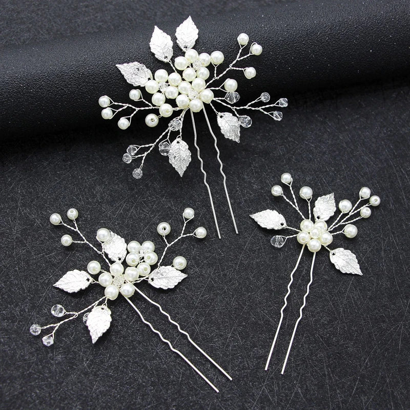 Handmade Rose Gold Leaf Hairpins with Simulated Pearls for Bridal Wedding Jewelry