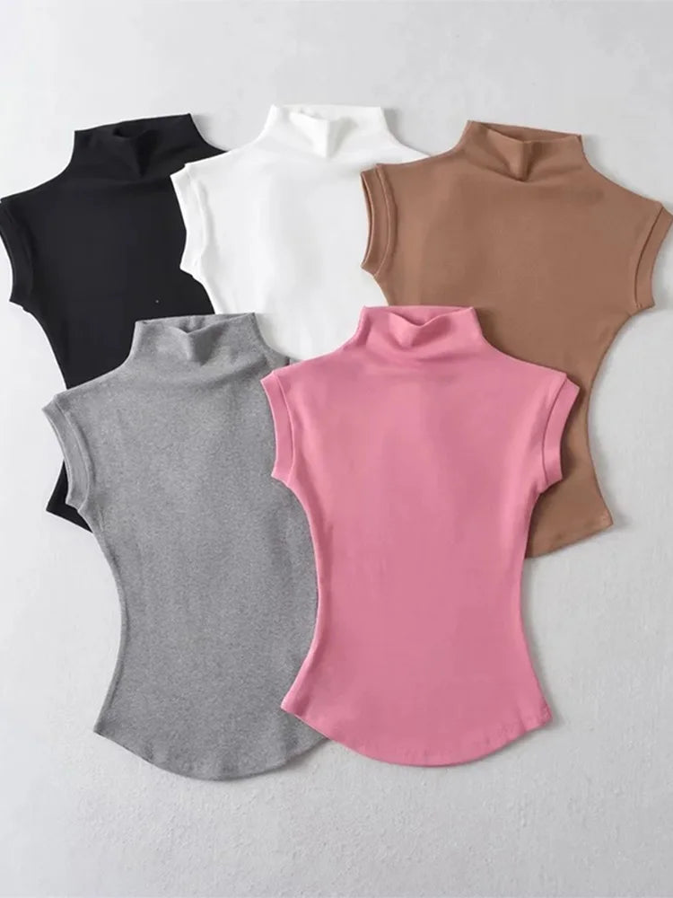 Women Summer Slim Fit Sleeveless Turtleneck Top Casual Solid Color Jersey Tee