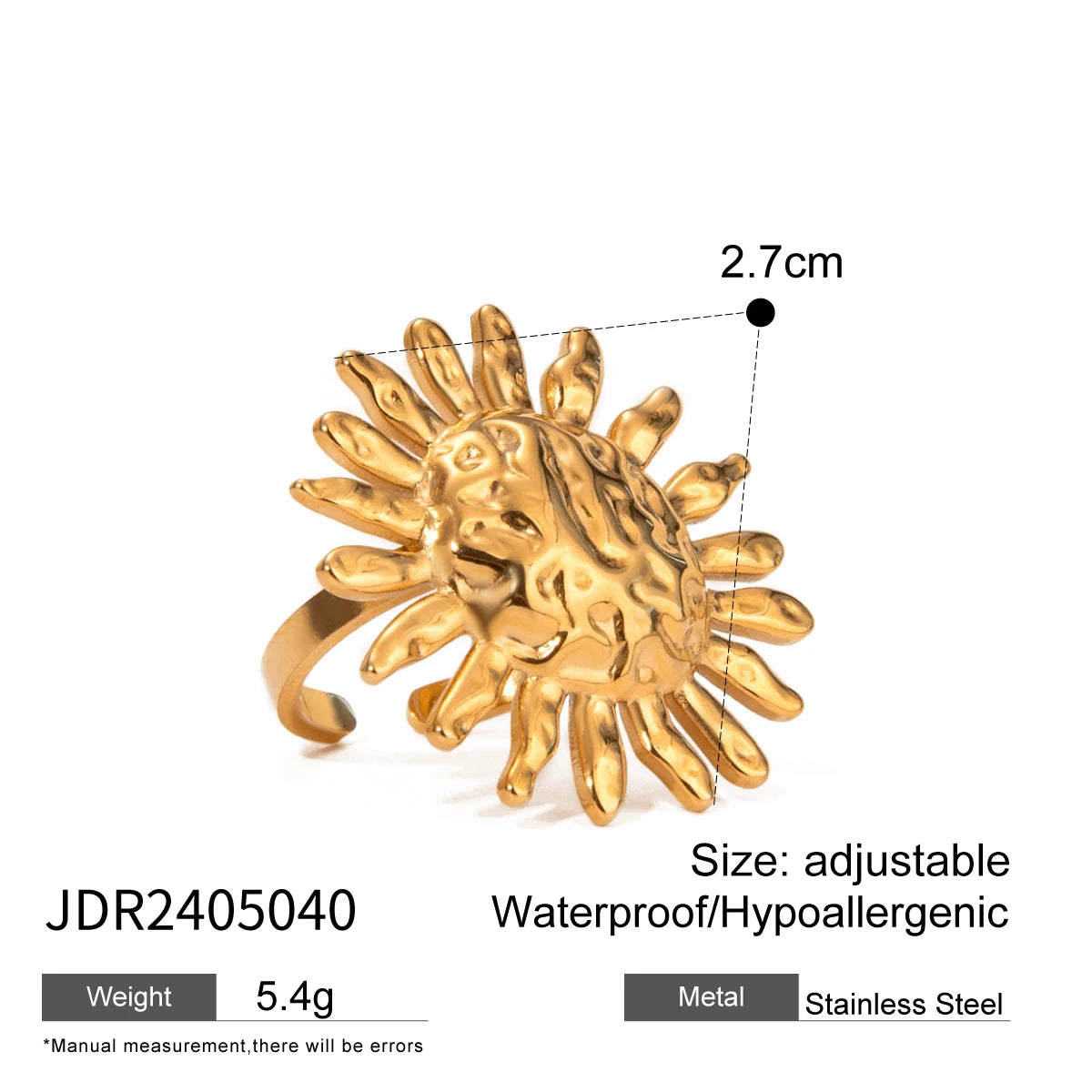 Uworld Fashion 18K Gold Plated Stainless Steel Sun Pearl Zircon Ripple Ring for Women