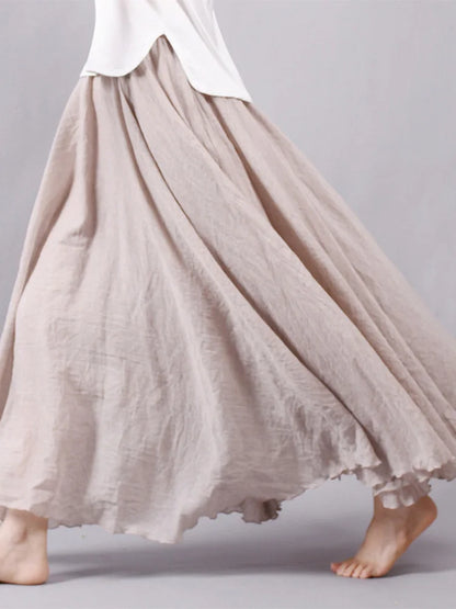 Boho Linen Cotton Maxi Skirt Elastic Waist Beige Pink