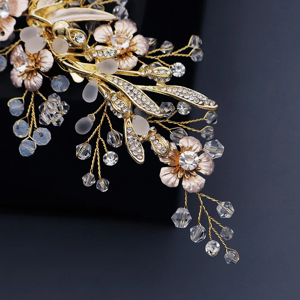 Vintage Golden Floral Hairpin With Frosted Crystal Pearls For Bridal Elegance