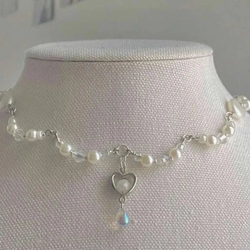 Elegant Simulated Pearl Heart Charm Necklace and Bracelet Jewelry Set for Women