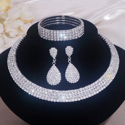 Luxury Round Rhinestone Jewelry Set for Women Classic Silver Necklace Bracelet and Earring Bridal Wedding Accessories