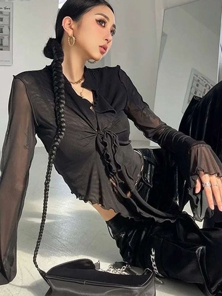 Long Flare Sleeve Lace Up Mesh Blouse Korean Fashion Chic