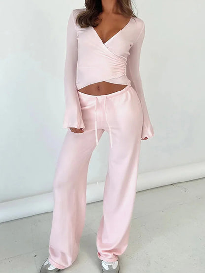 Vintage Women Lounge Set Two Piece V Neck Tie Top And Pants