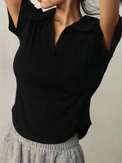 Women Summer Crop V Neck Slim Short Sleeve Knit Top