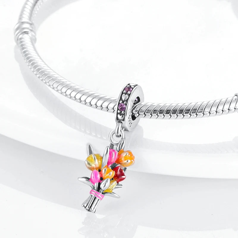 925 Silver Flower Charms Sunflower Tulip Pendants for Bracelet Jewelry Making