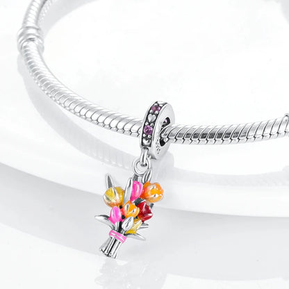 925 Silver Flower Charms Sunflower Tulip Pendants for Bracelet Jewelry Making
