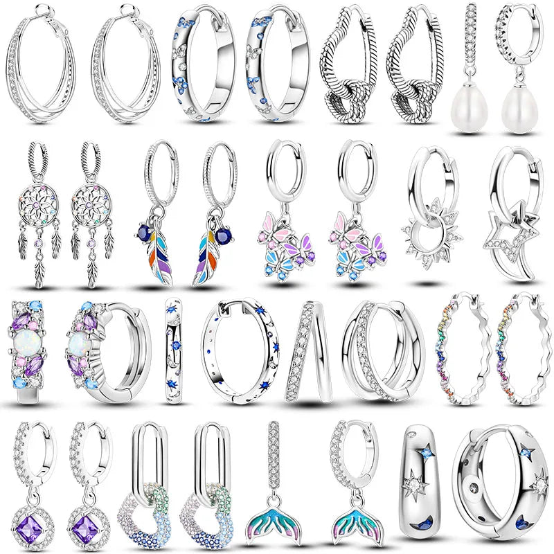 925 Silver Geometric Hoop Earrings for Women with Zircon Moon and Heart Design Fashion Jewelry Gift