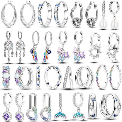 925 Silver Geometric Hoop Earrings for Women with Zircon Moon and Heart Design Fashion Jewelry Gift