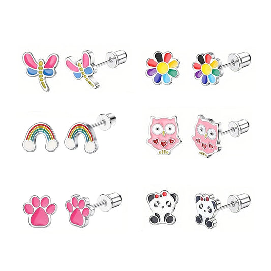 Charming Animal and Flower Stud Earrings Set for Girls with Secure Screw-Backs