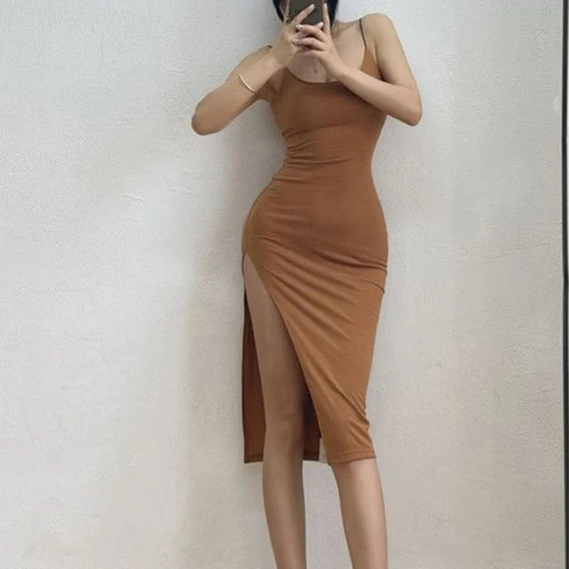 Rimocy 2024 New Sexy Sleeveless Slim Long Dress Women Party Khaki CHINA