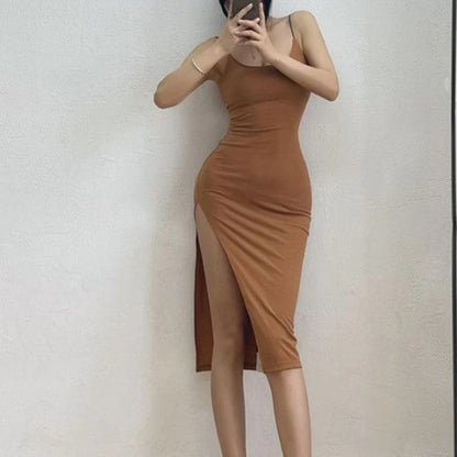 Rimocy 2024 New Sexy Sleeveless Slim Long Dress Women Party Khaki CHINA