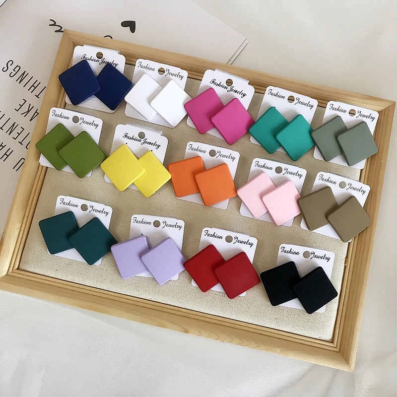 S925 Colorful Square Earrings Frosted Geometric Candy Design Acrylic Fashion Jewelry for Women