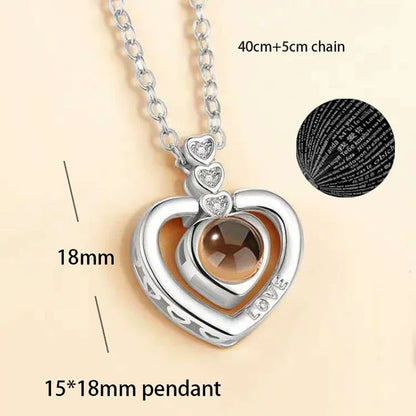 100 Languages I Love You Heart Pendant Necklace Romantic Projection Jewelry Gift for Women 3 Heart Line 40cm plus 5cm