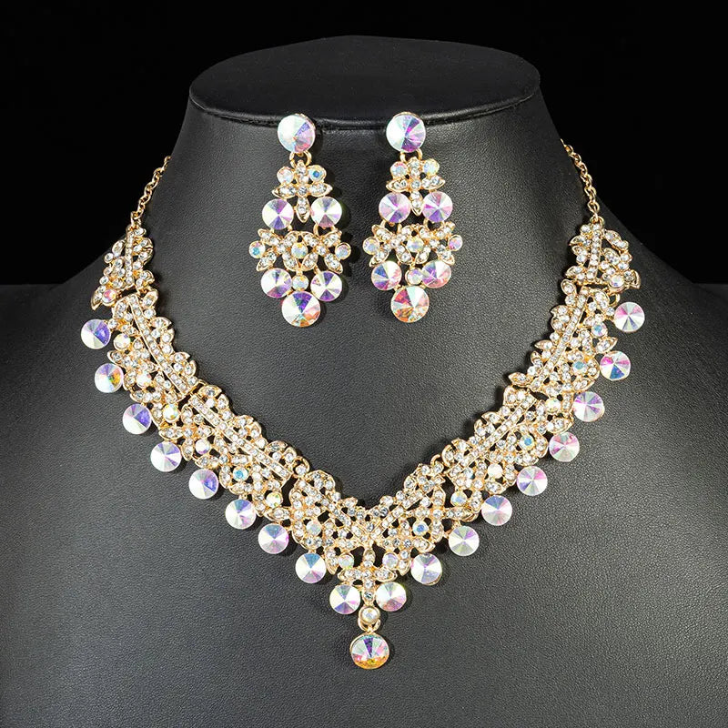 KMVEXO Luxury Crystal Bead Necklace & Earrings Set - Stunning AB Color Jewelry for Weddings & Parties X002 Gold AB
