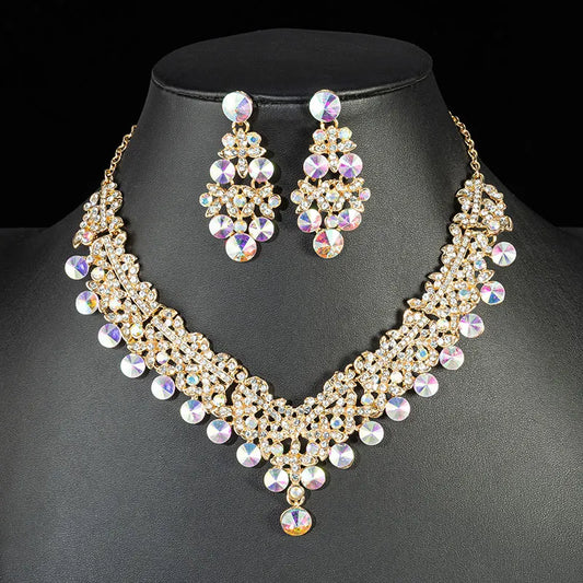 KMVEXO Luxury Crystal Bead Necklace & Earrings Set - Stunning AB Color Jewelry for Weddings & Parties X002 Gold AB