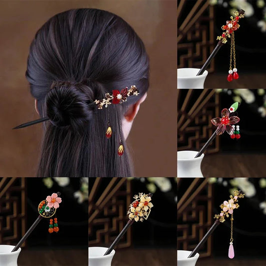 Vintage 2024 Wooden Hair Stick With Tassel Chinese Winding Flower Hairpin