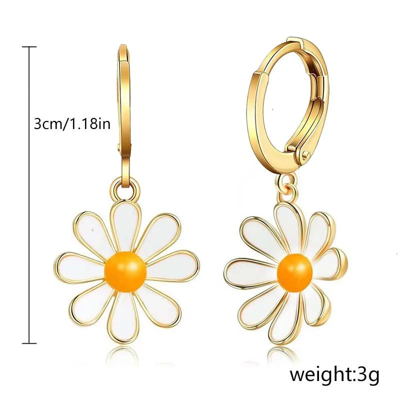 Vintage Daisy Flower Hoop Earrings with Delicate Enamel Sunflower Pendant for Women and Girls Summer Jewelry