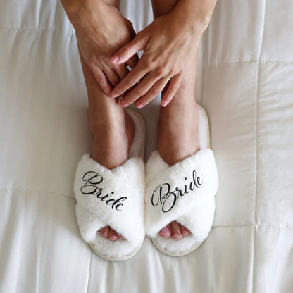 Cozy Bride White Plush Slippers for Bachelorette Party and Wedding Day