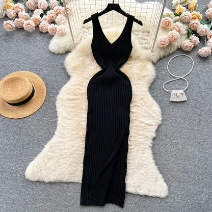 YuooMuoo Chic Fashion Sexy Wrap Hips Split Knitted Dress black One Size