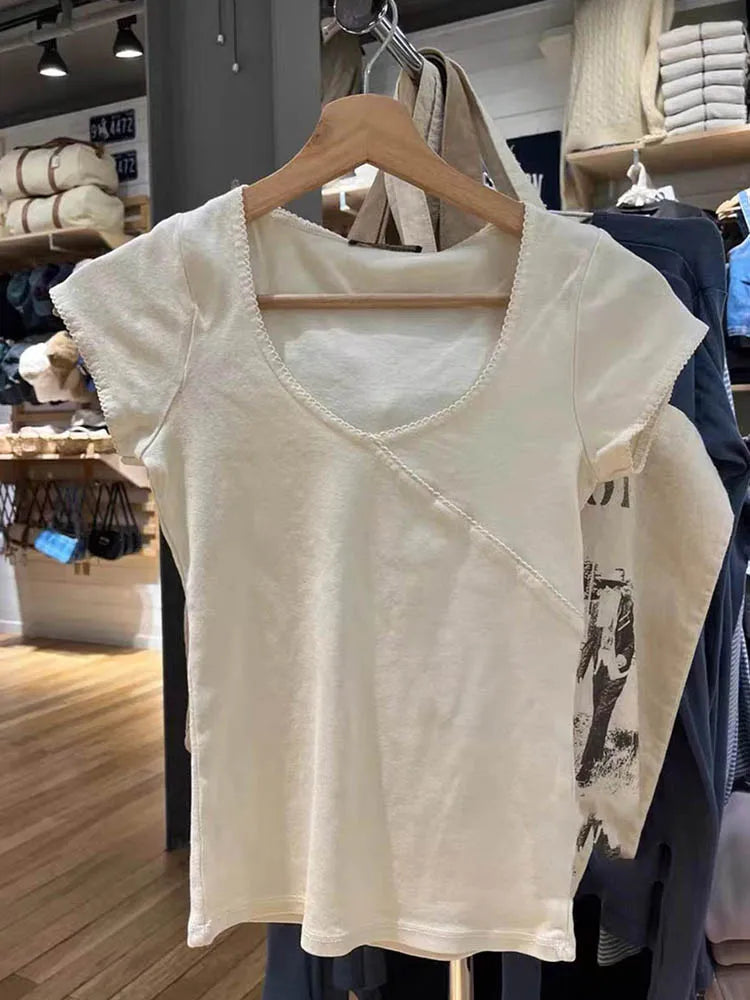 Vintage Slim V Neck Cotton Streetwear Tee Y2K Cute Femme