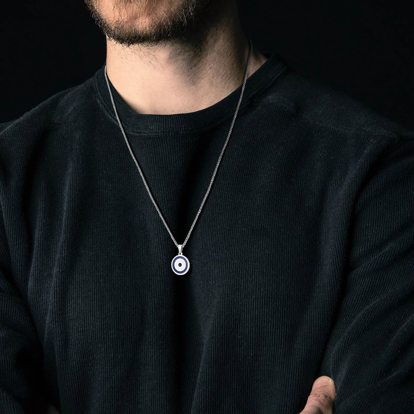 Men's Stainless Steel Evil Eye Necklace with Turkish Charm and Box Rope Chain