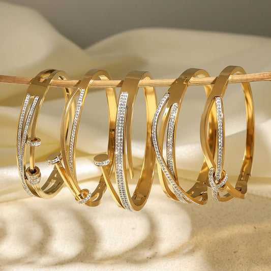 Gold Crystal Nail Head Cross Stainless Steel Women's Cuff Bracelet