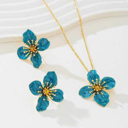 Trendy Blue Enamel Floral Petal Necklace And Earring Set