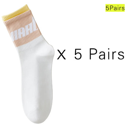 5 Pairs Colorful Breathable Cotton Mid Calf Athletic Socks