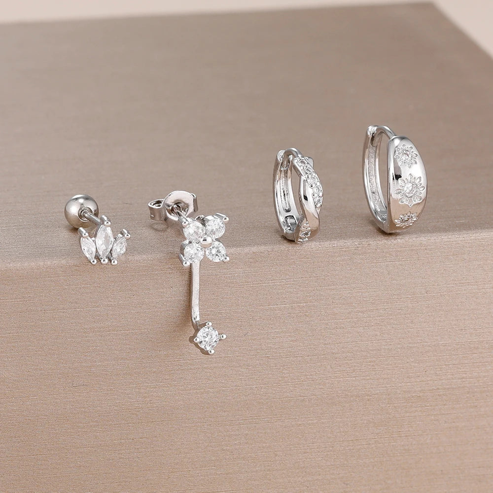 4PCS Fashion Stainless Steel Zirconia Star Huggie Hoop Earrings Set with Flower Studs for Women