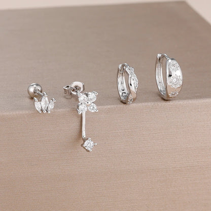4PCS Fashion Stainless Steel Zirconia Star Huggie Hoop Earrings Set with Flower Studs for Women