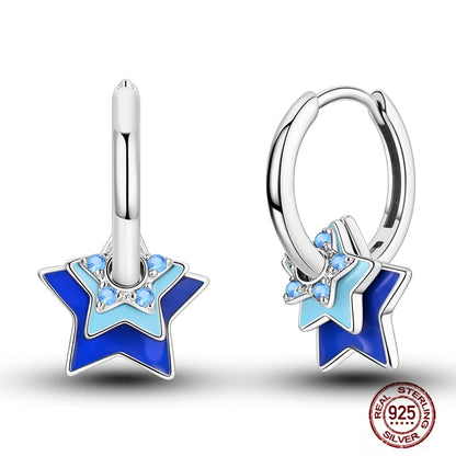 Blue Zircon 925 Sterling Silver Hoop Earrings Star Moon Butterfly Jewelry LTE362