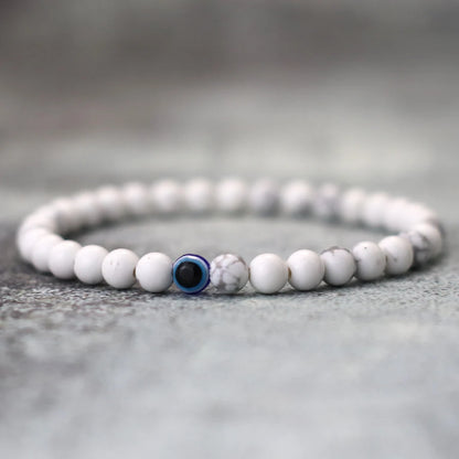 Men's Howlite Beaded Bracelet with Turkish Evil Eye for Meditation and Healing