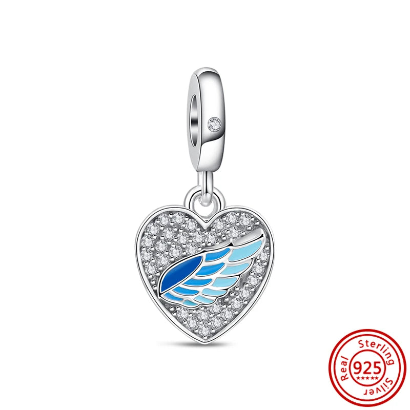 Sterling Silver Blue Zircon Feather Crown Moon Pendant Charm Bracelet Beads ZC039 3mm-4mm