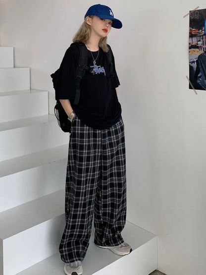 Black Plaid Wide Leg Pants Women Casual Harajuku Streetwear