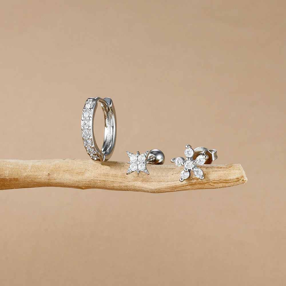 3PCS 18K Gold Plated Stainless Steel Zircon Flower Hoop Earrings Set for Women Trendy Wedding Jewelry
