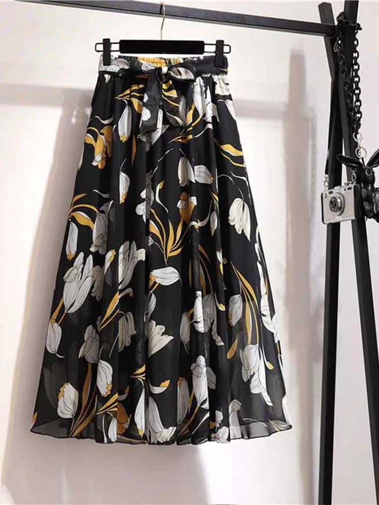 Chiffon Midi Skirt Women High Waist Korean Style White