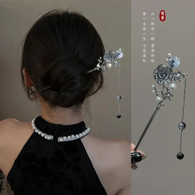 Elegant Ink Flower Tassel Hairpin Forks for Women - Modern Hanfu Hair Jewelry with Black Beads Fringe